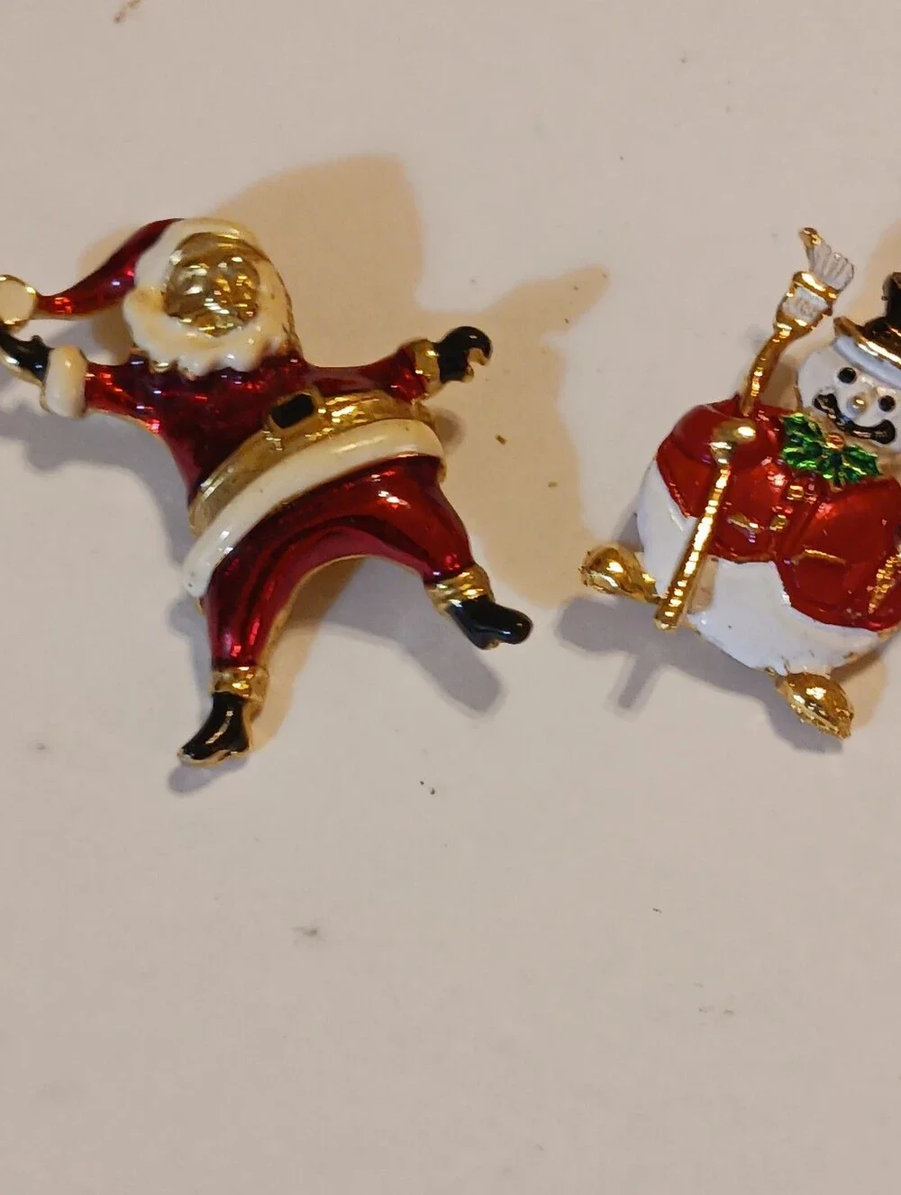 Vintage 1960s Sweater Pins, Enamel Santa And Snowman Christmas Brooches